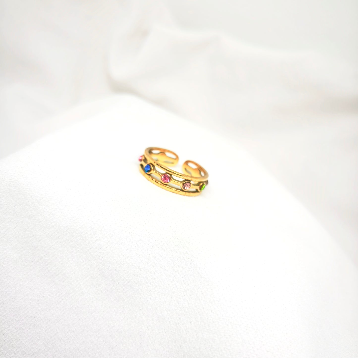 Bague ajustable acier inoxydable avec strass colorés