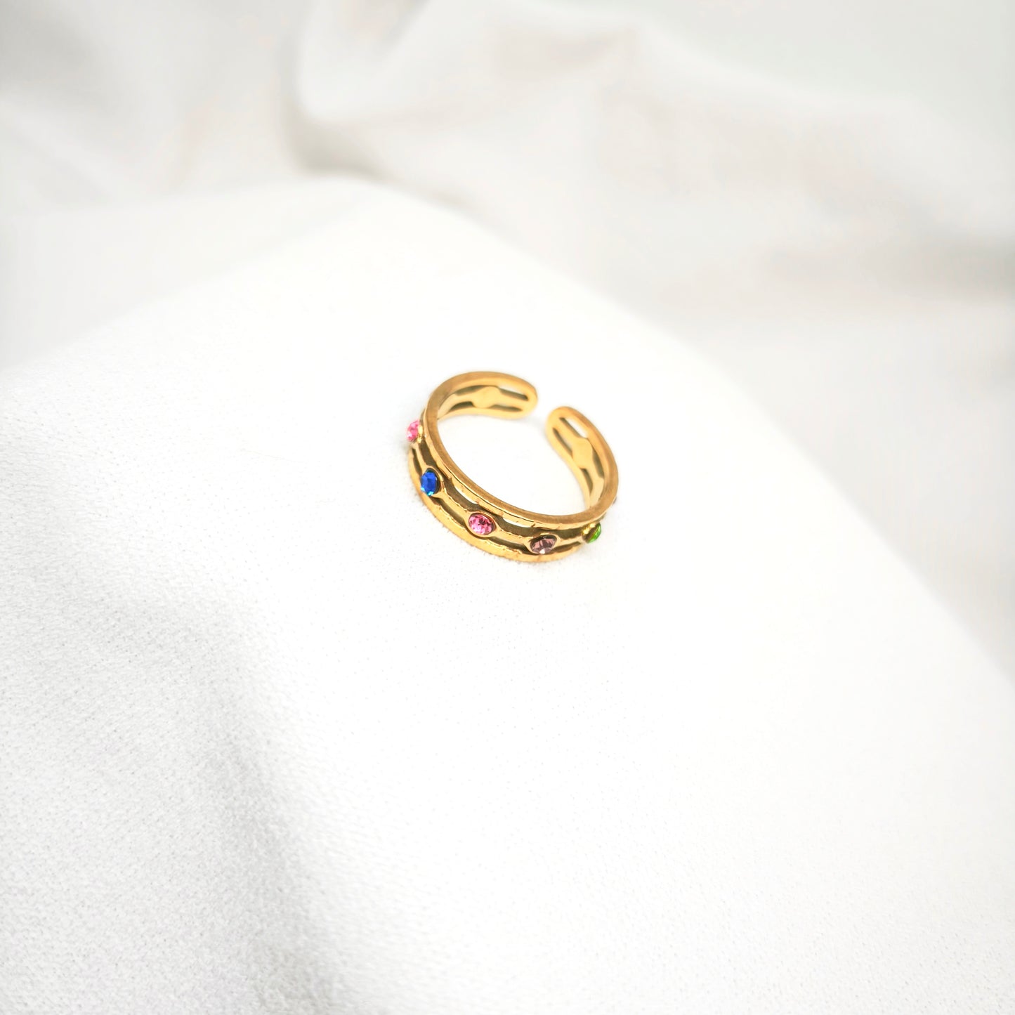 Bague ajustable acier inoxydable avec strass colorés