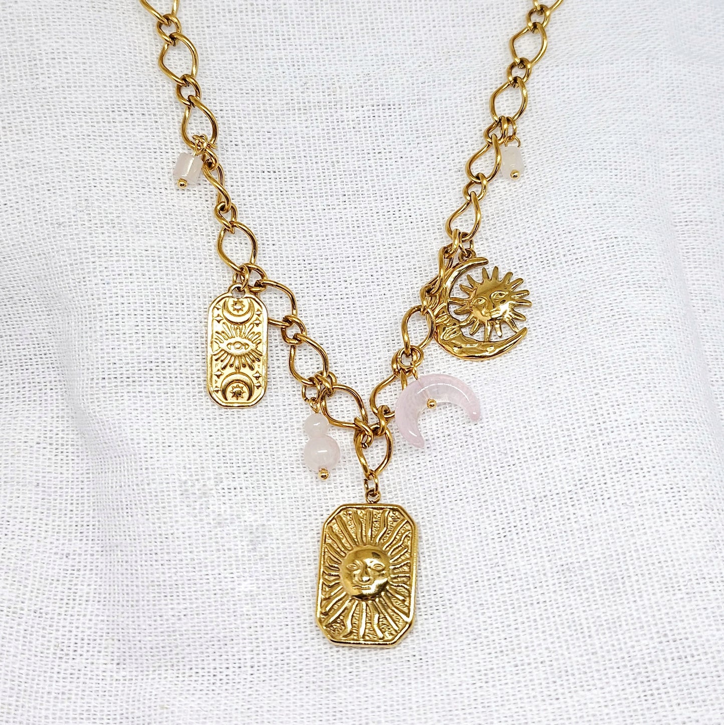 Collier en acier inoxydable et quartz rose