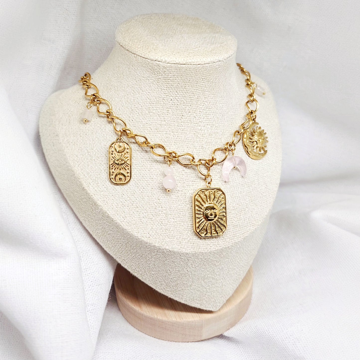 Collier en acier inoxydable et quartz rose