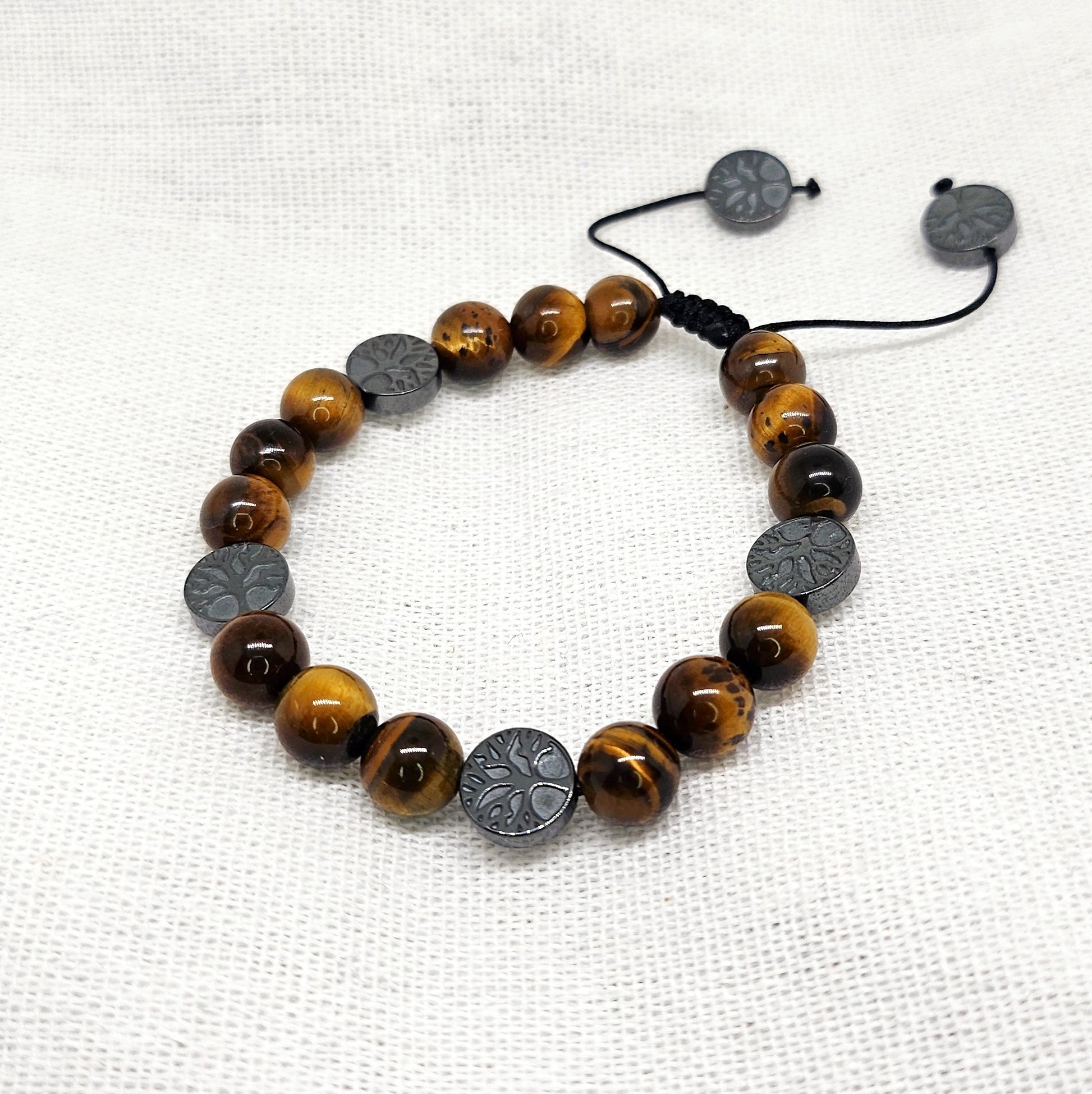 Bracelet ajustable en Oeil de tigre et perle arbre de vie hématite
