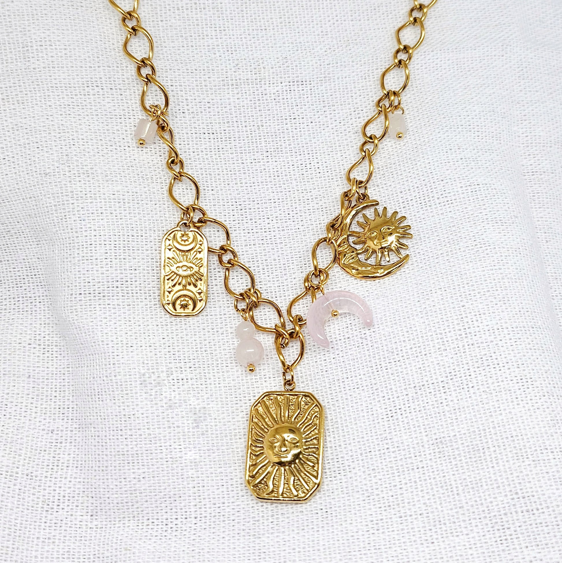 Collier en acier inoxydable et quartz rose