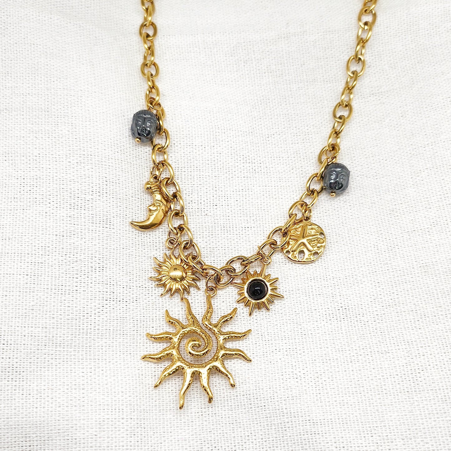 Collier en acier inoxydable doré divers breloque et perles Hématite