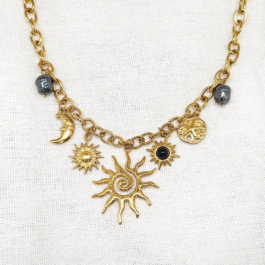 Collier en acier inoxydable doré divers breloque et perles Hématite