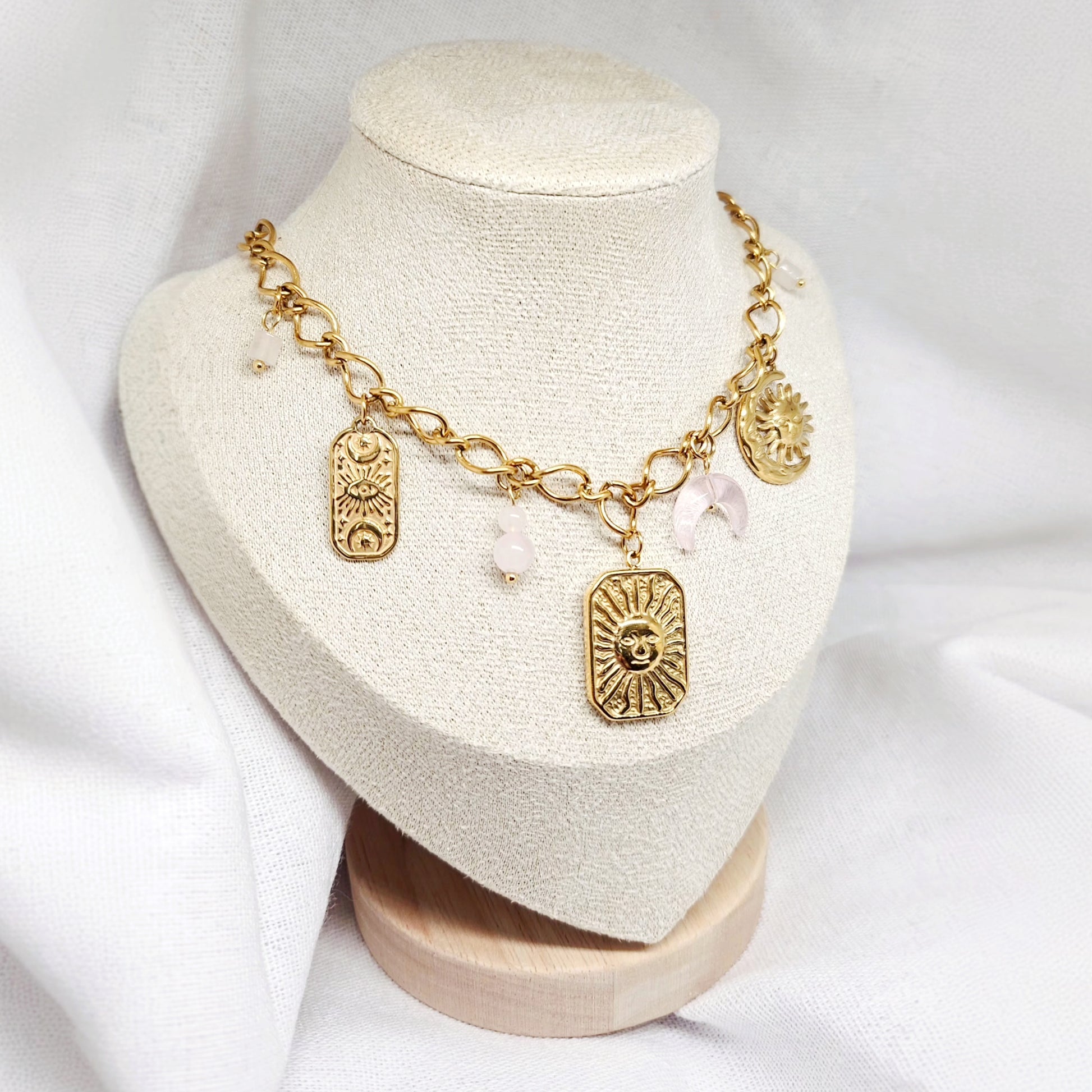 Collier en acier inoxydable et quartz rose