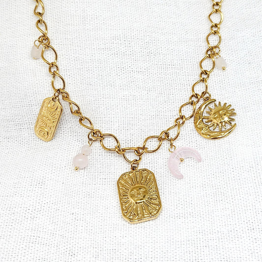 Collier en acier inoxydable et quartz rose