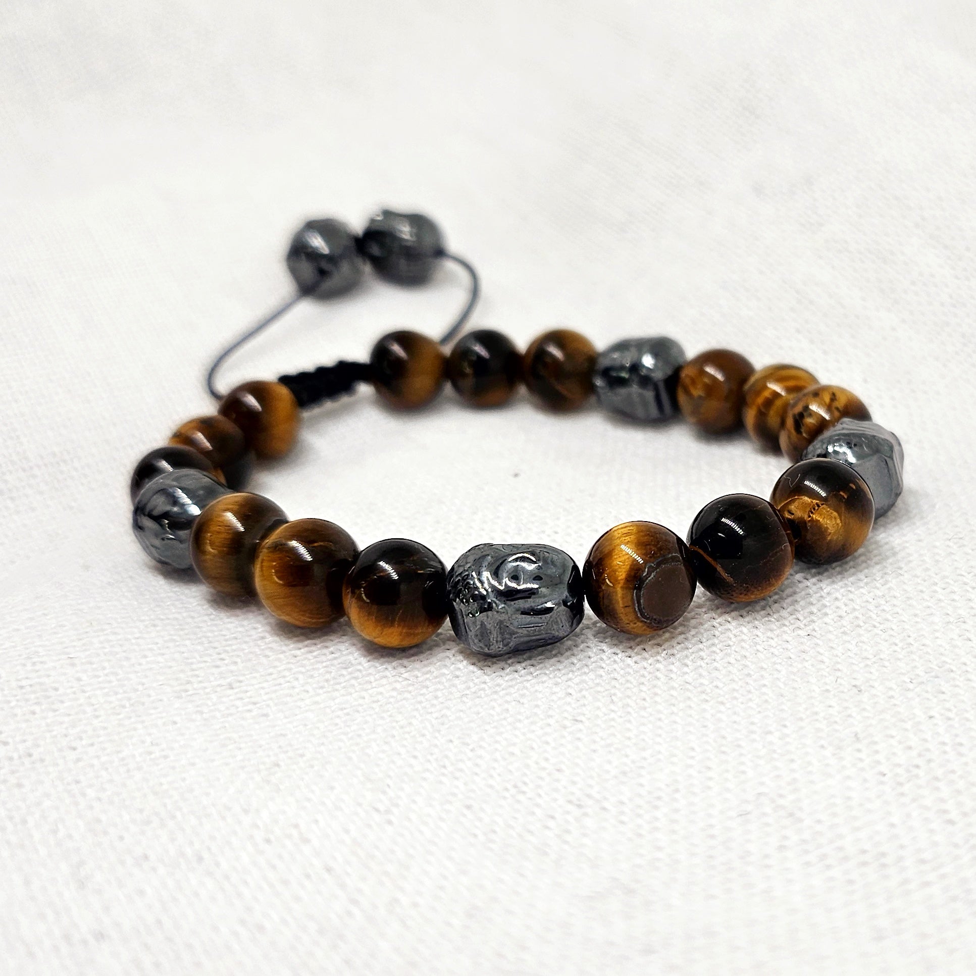 Bracelet ajustable Bouddha hématite et œil de tigre