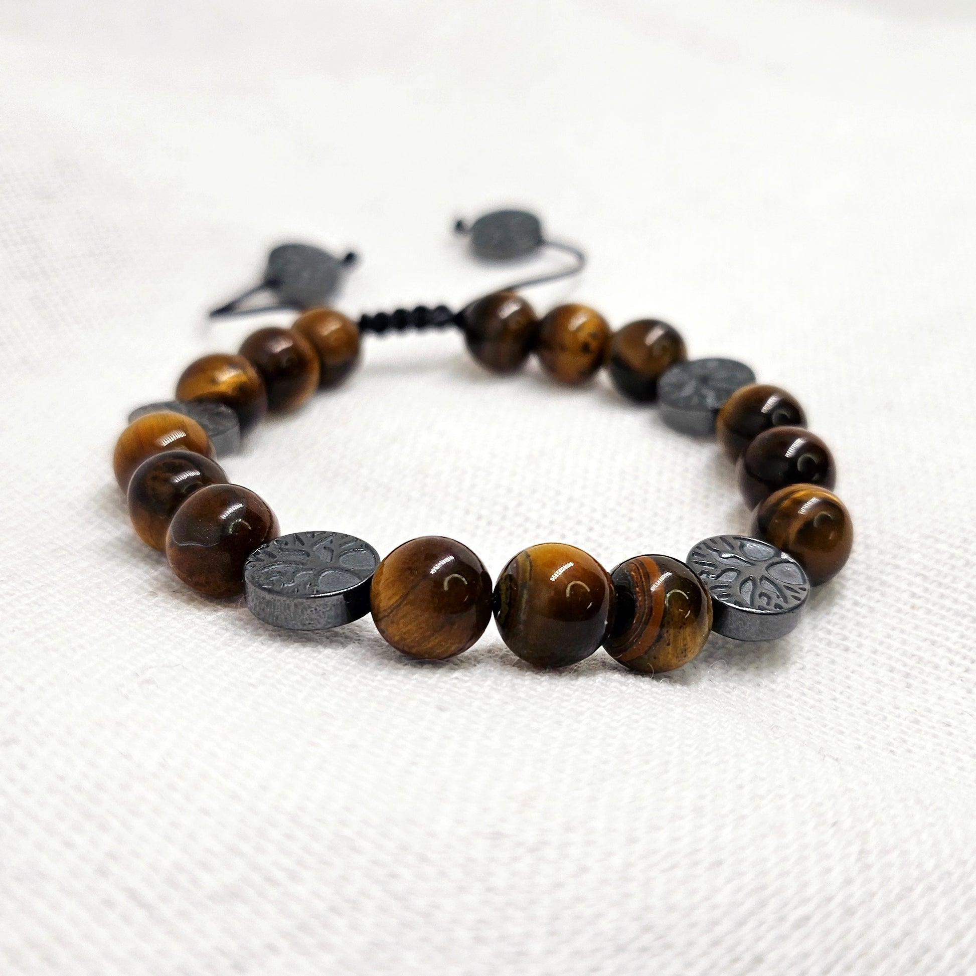 Bracelet ajustable en Oeil de tigre et perle arbre de vie hématite