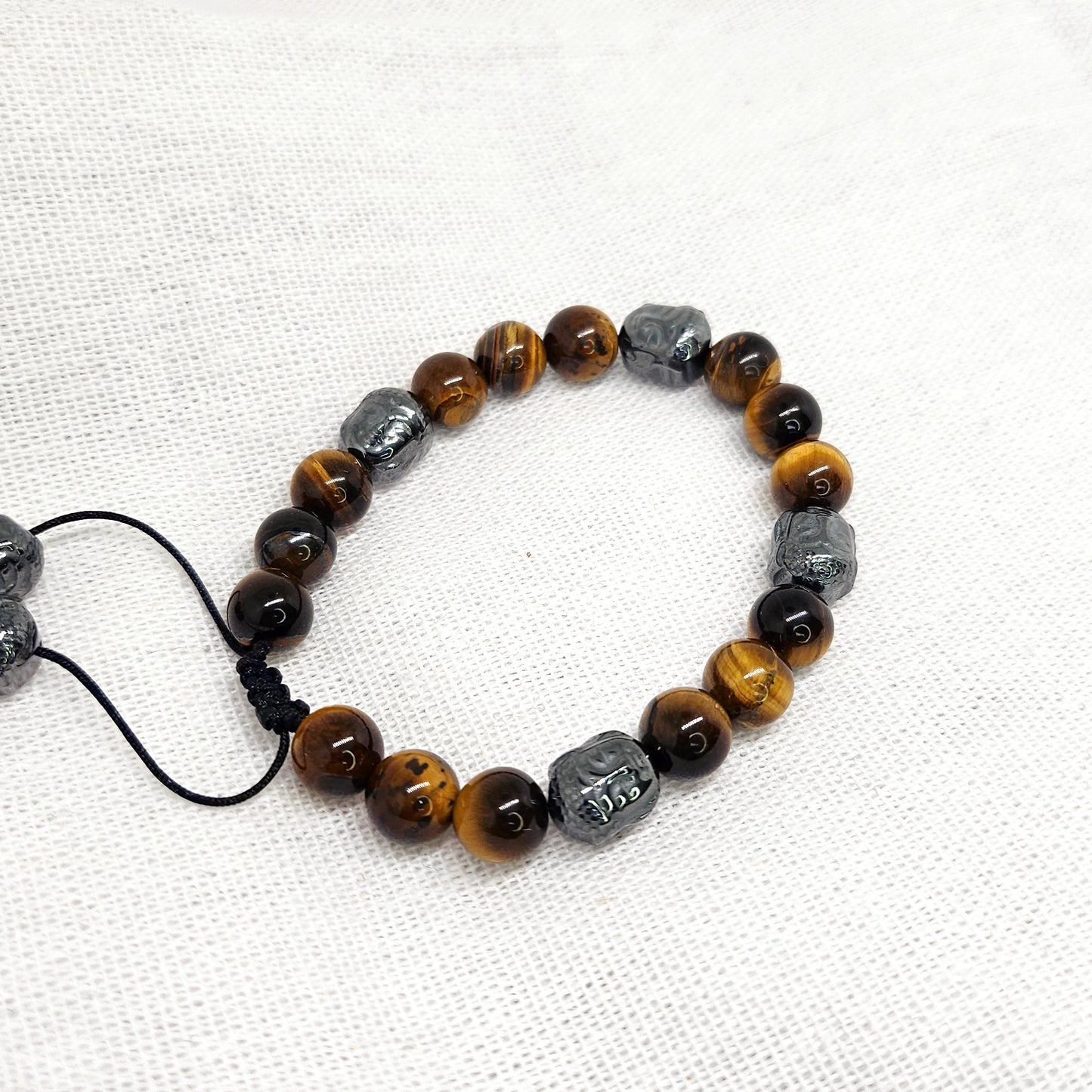 Bracelet ajustable Bouddha hématite et œil de tigre