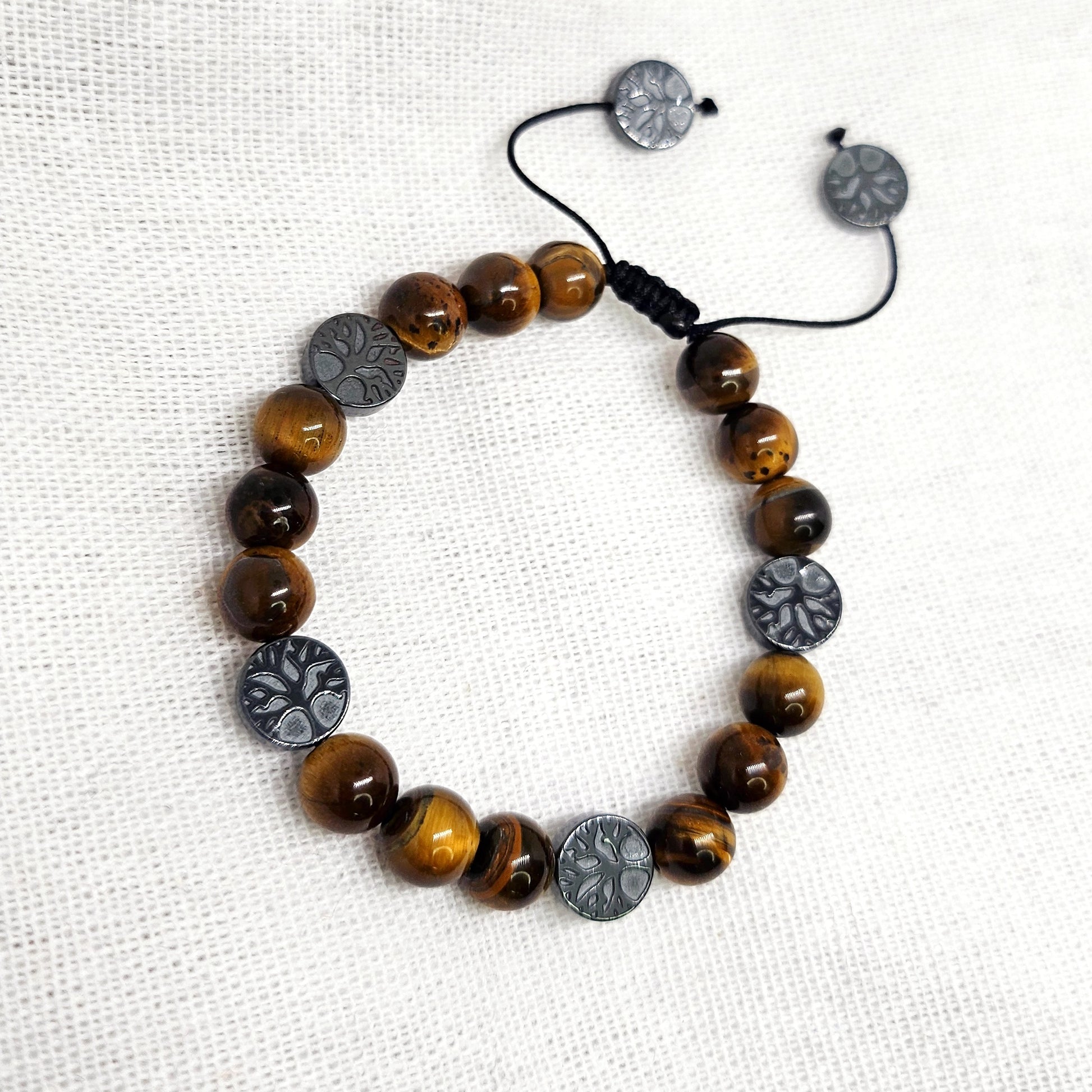 Bracelet ajustable en Oeil de tigre et perle arbre de vie hématite